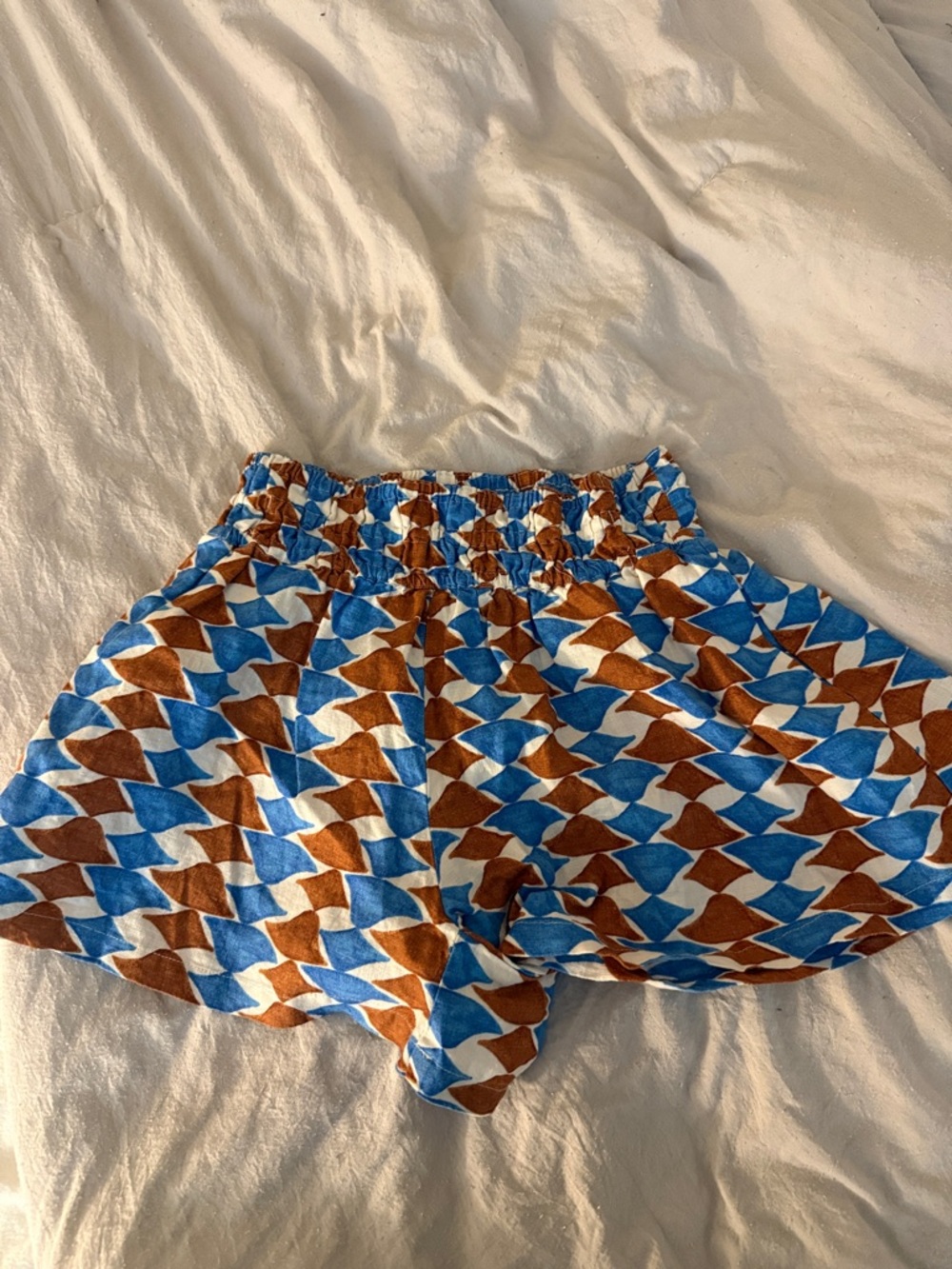 Anthropologie Blue and Brown Geometric High-Waist Shorts